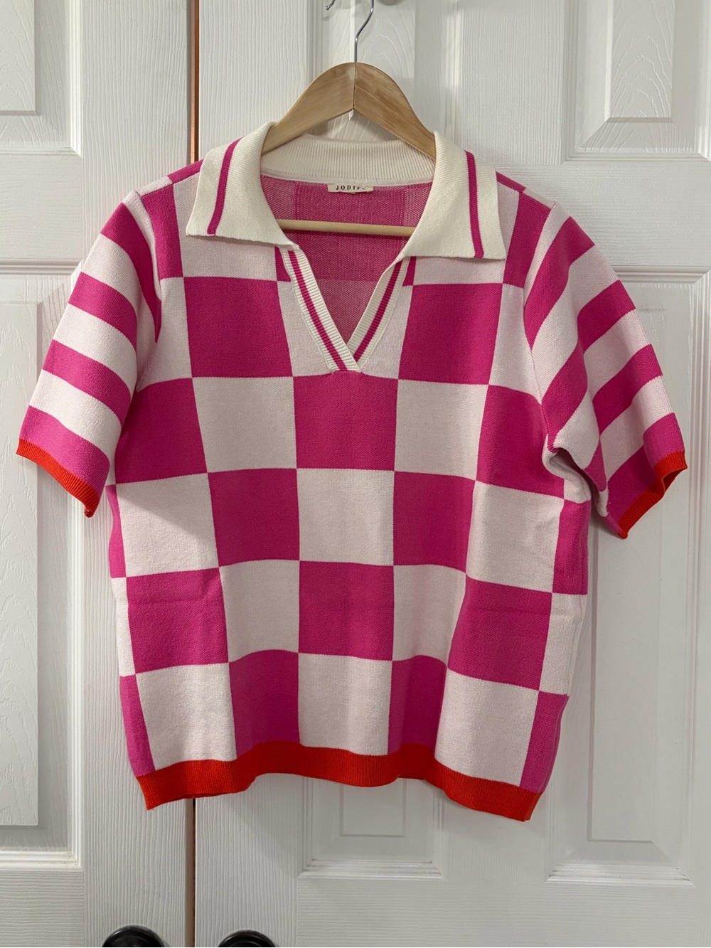 Jodifl Checkerboard Knit Polo Top - Pink & Cream